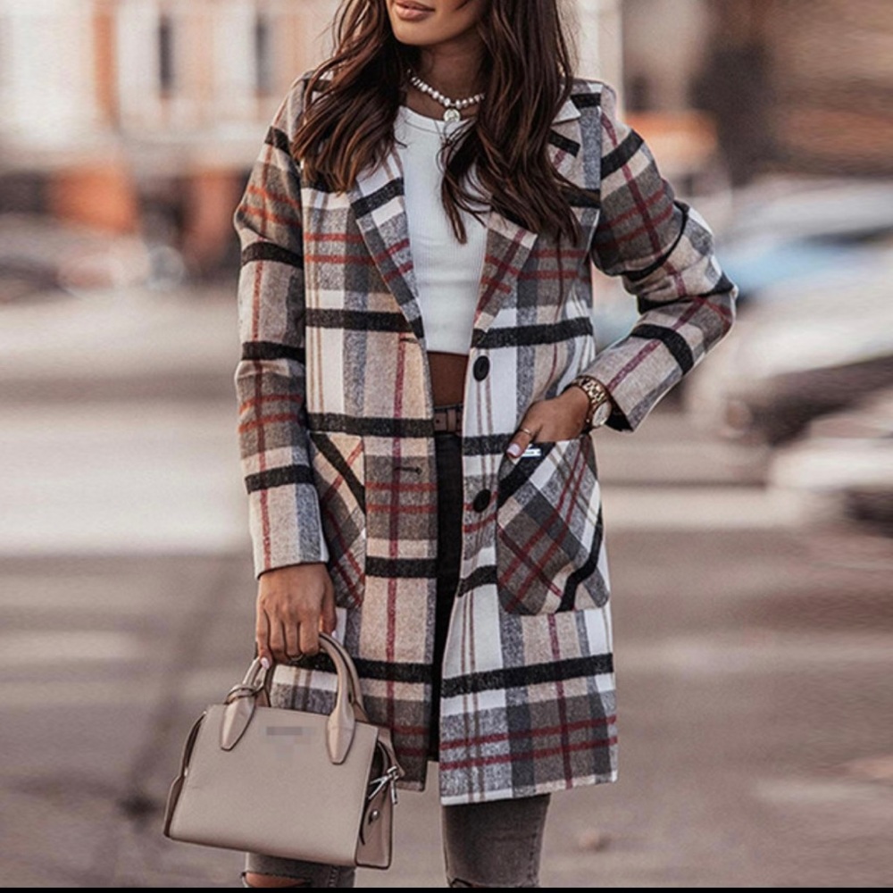 Women’s Long Plaid Coat- Button Front,
Pockets, Classic Style